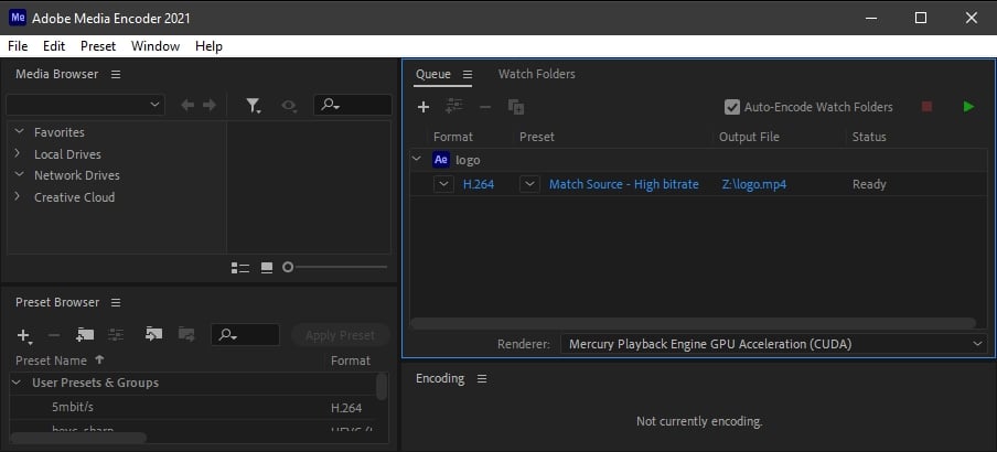 Adobe Media Encoder Render Queue set to MP4