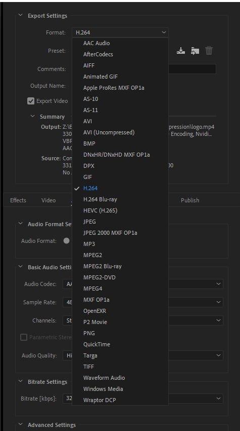 MP4 Format included in Media Encoder Output Format Settings